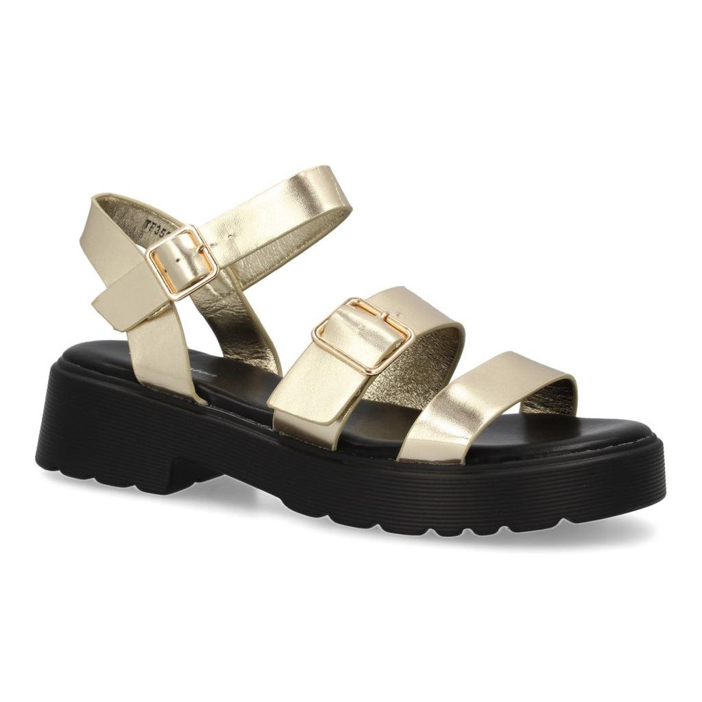 Sandalias Doradas Mujer Pala T Doble Hebilla Elegantes