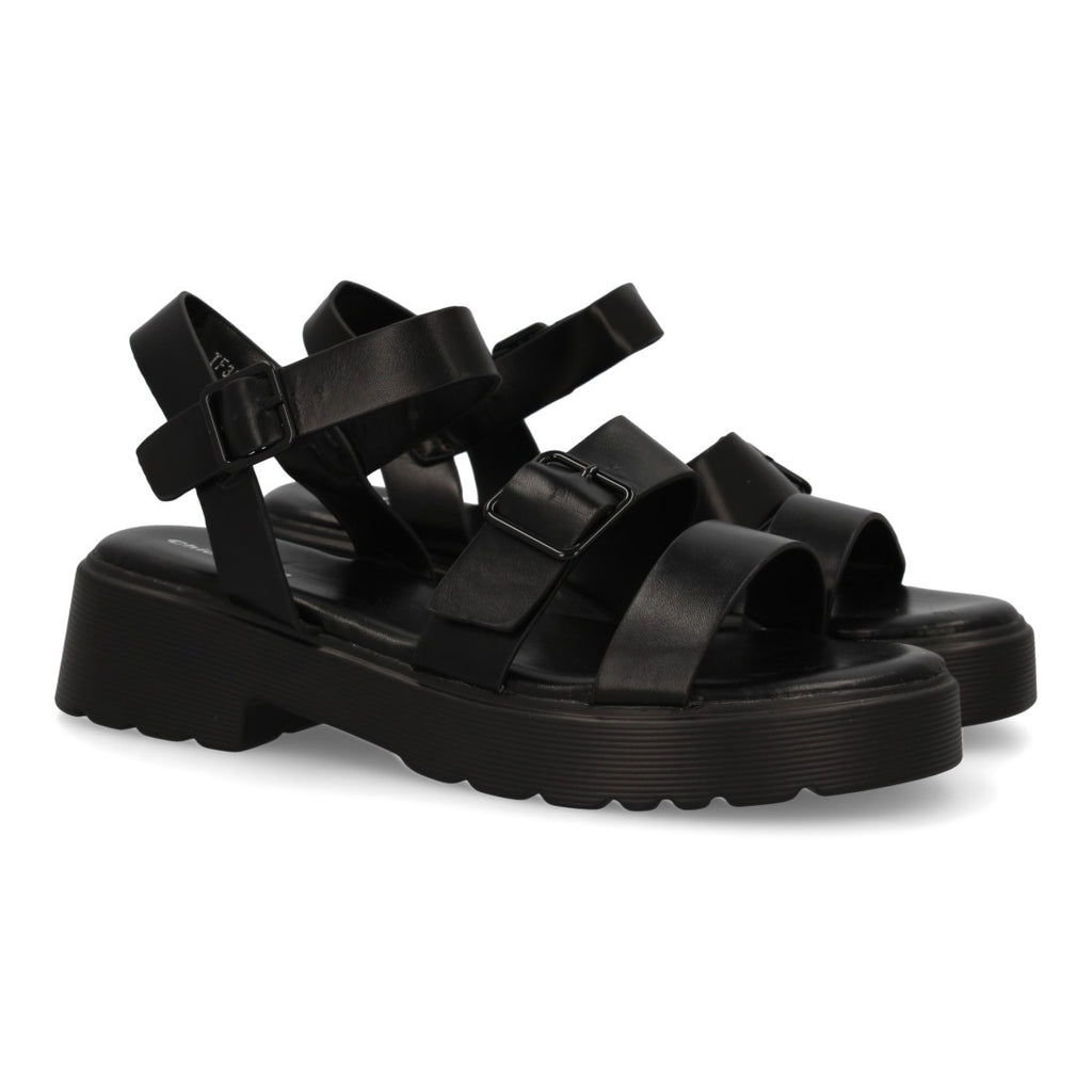 Sandalias Negras Mujer Pala T Doble Hebilla Elegantes