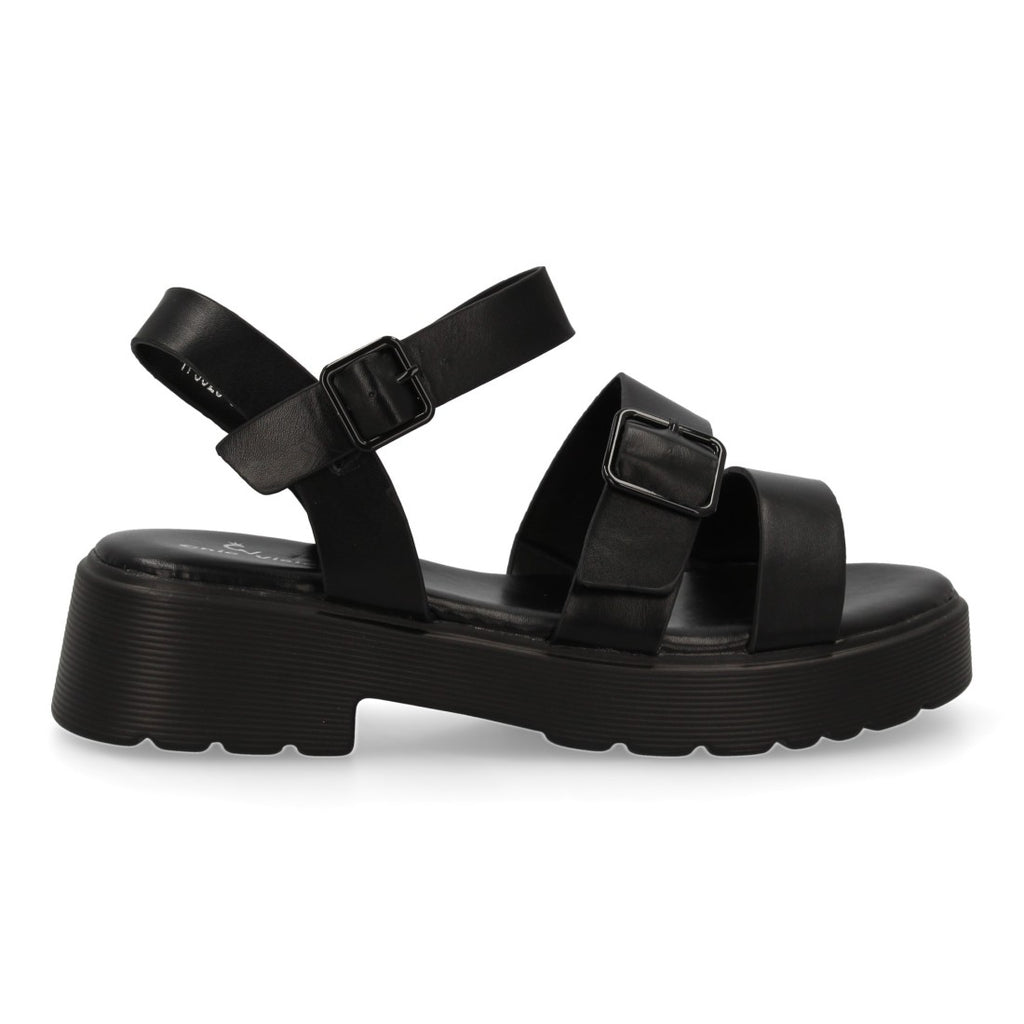 Sandalias Negras Mujer Pala T Doble Hebilla Elegantes