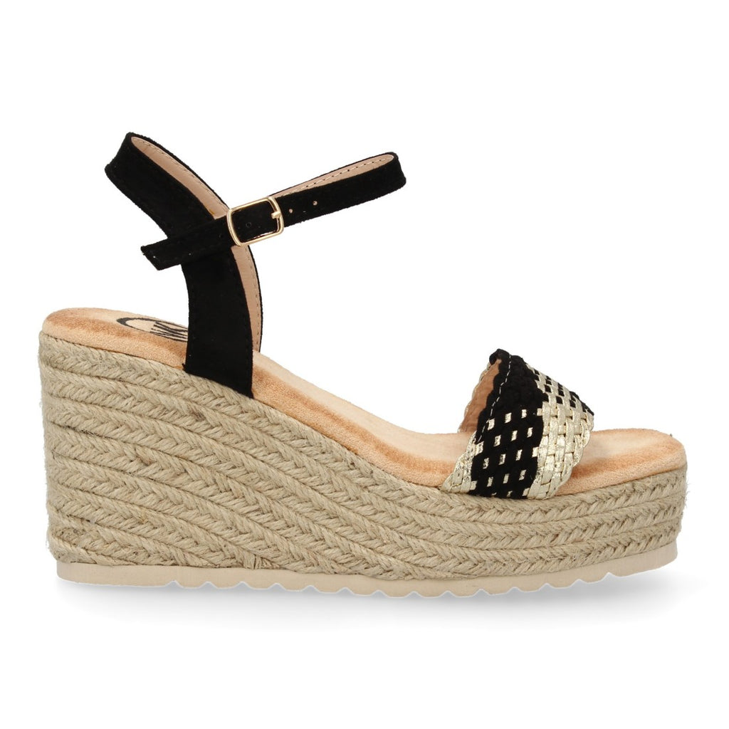 Sandalias Negras Mujer Cuña Yute Diseño Bicolor Moderno Hebilla Elegantes