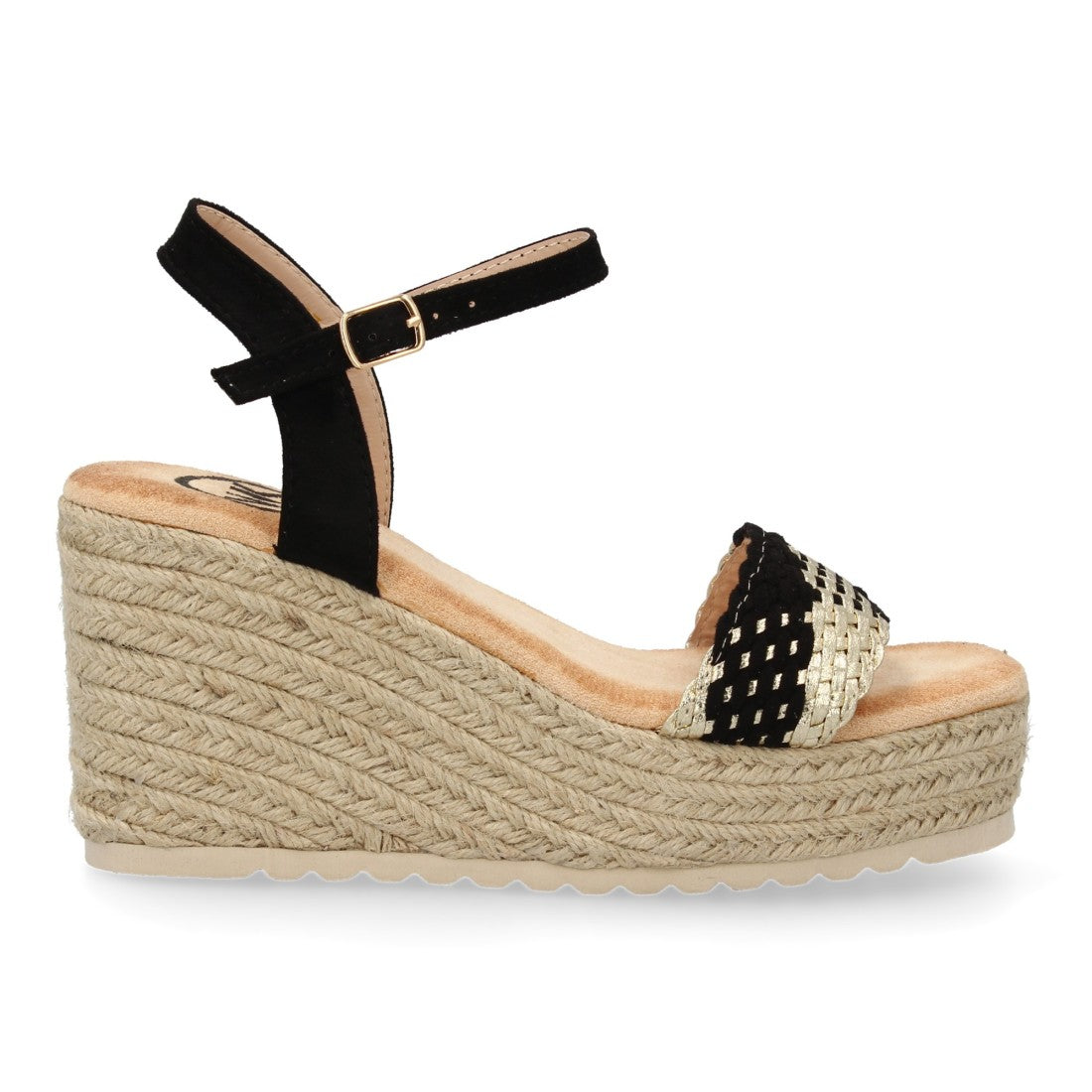 Sandalias Negras Mujer Cuña Yute Diseño Bicolor Moderno Hebilla Elegantes