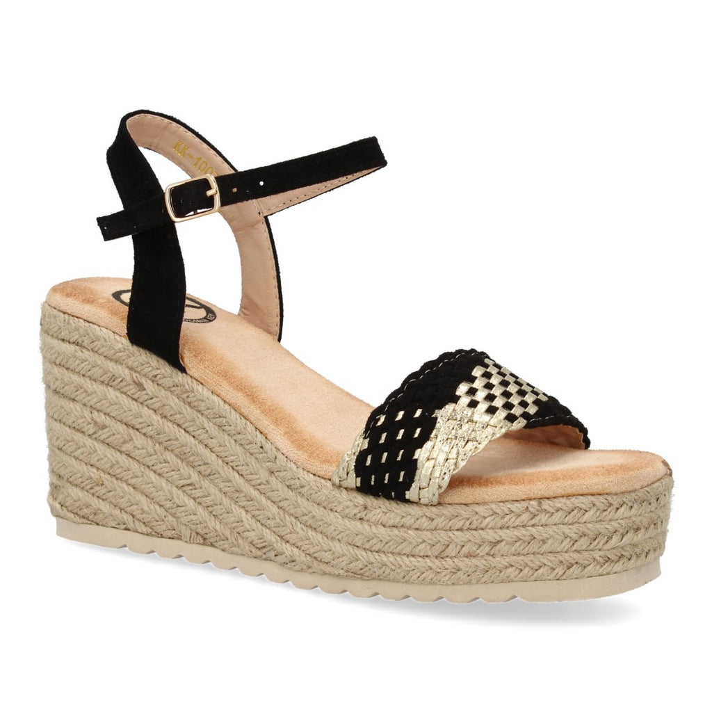 Sandalias Negras Mujer Cuña Yute Diseño Bicolor Moderno Hebilla Elegantes