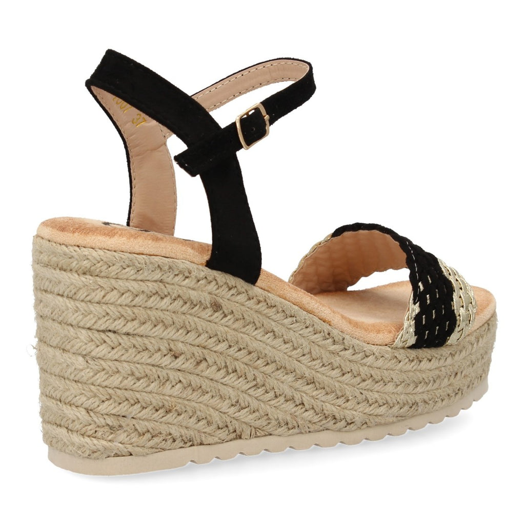 Sandalias Negras Mujer Cuña Yute Diseño Bicolor Moderno Hebilla Elegantes