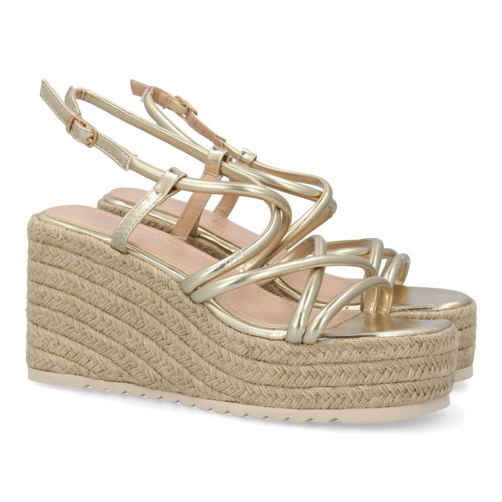 Sandalias Doradas Mujer Cuña Yute Tiras Cruzadas Elegantes