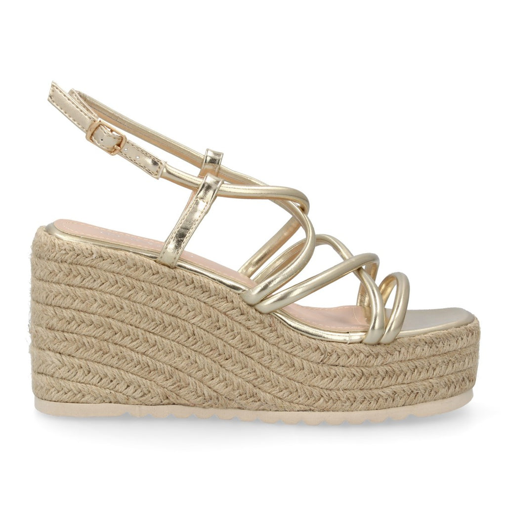 Sandalias Doradas Mujer Cuña Yute Tiras Cruzadas Elegantes