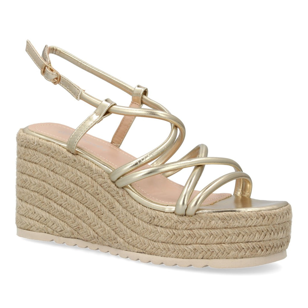 Sandalias Doradas Mujer Cuña Yute Tiras Cruzadas Elegantes