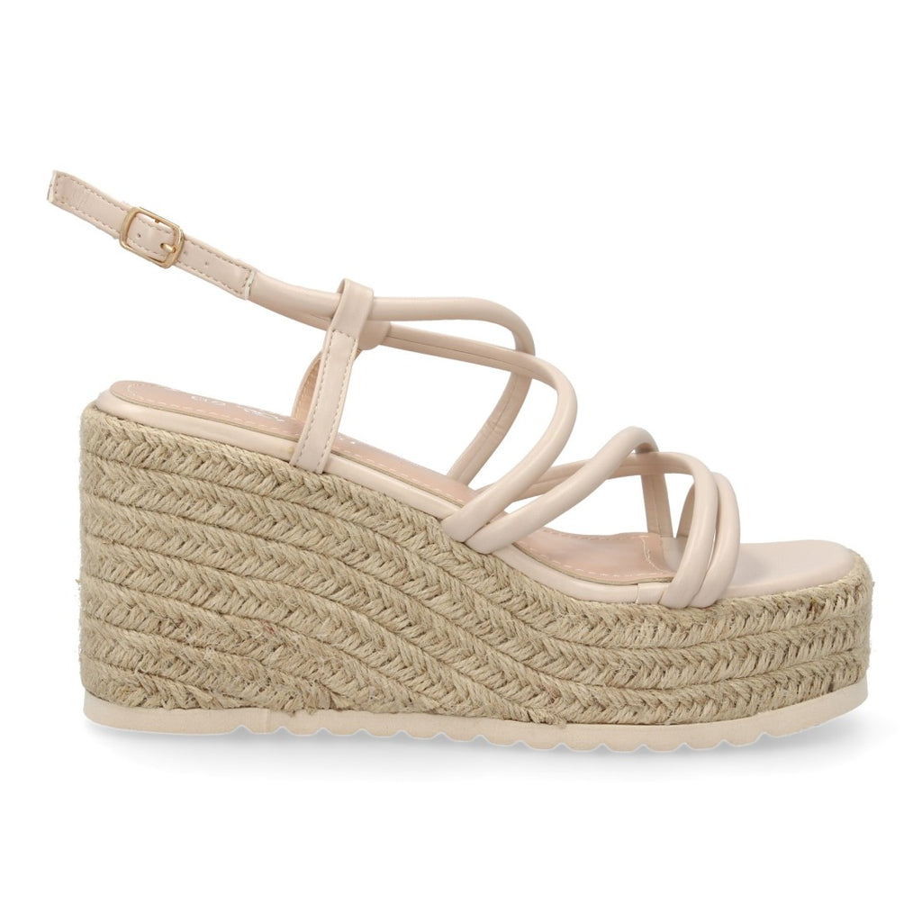 Sandalias Beige Mujer Cuña Yute Tiras Cruzadas Elegantes