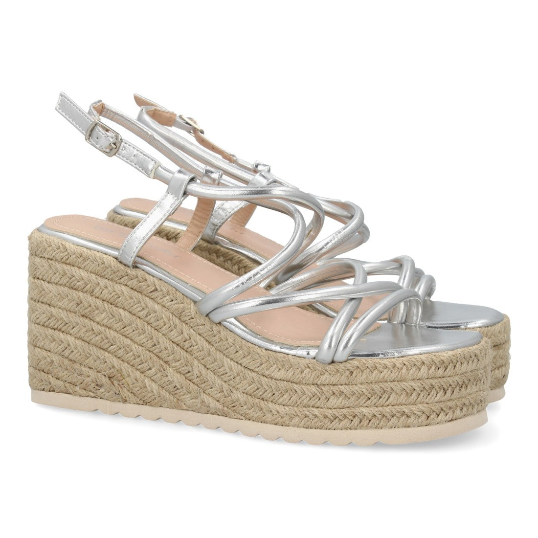 Sandalias Plateadas Mujer Cuña Yute Tiras Cruzadas Elegantes