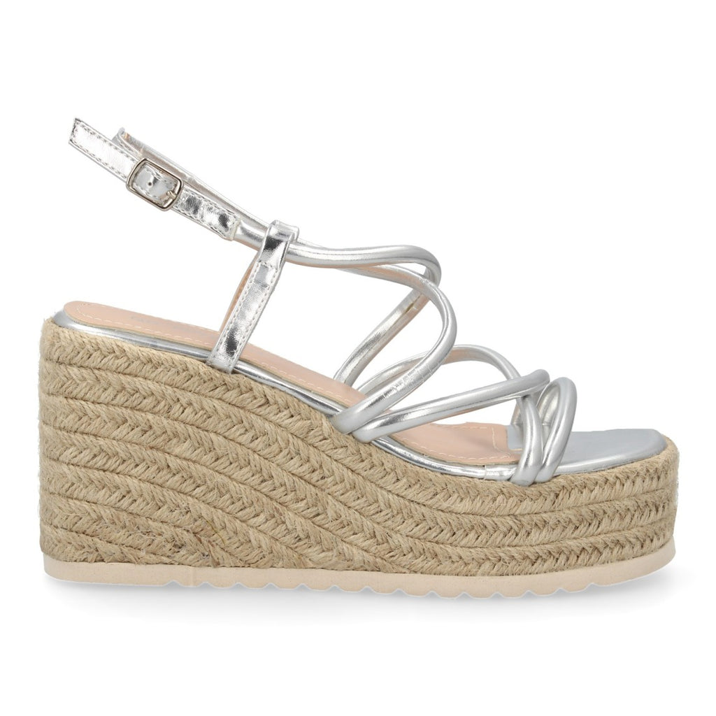 Sandalias Plateadas Mujer Cuña Yute Tiras Cruzadas Elegantes