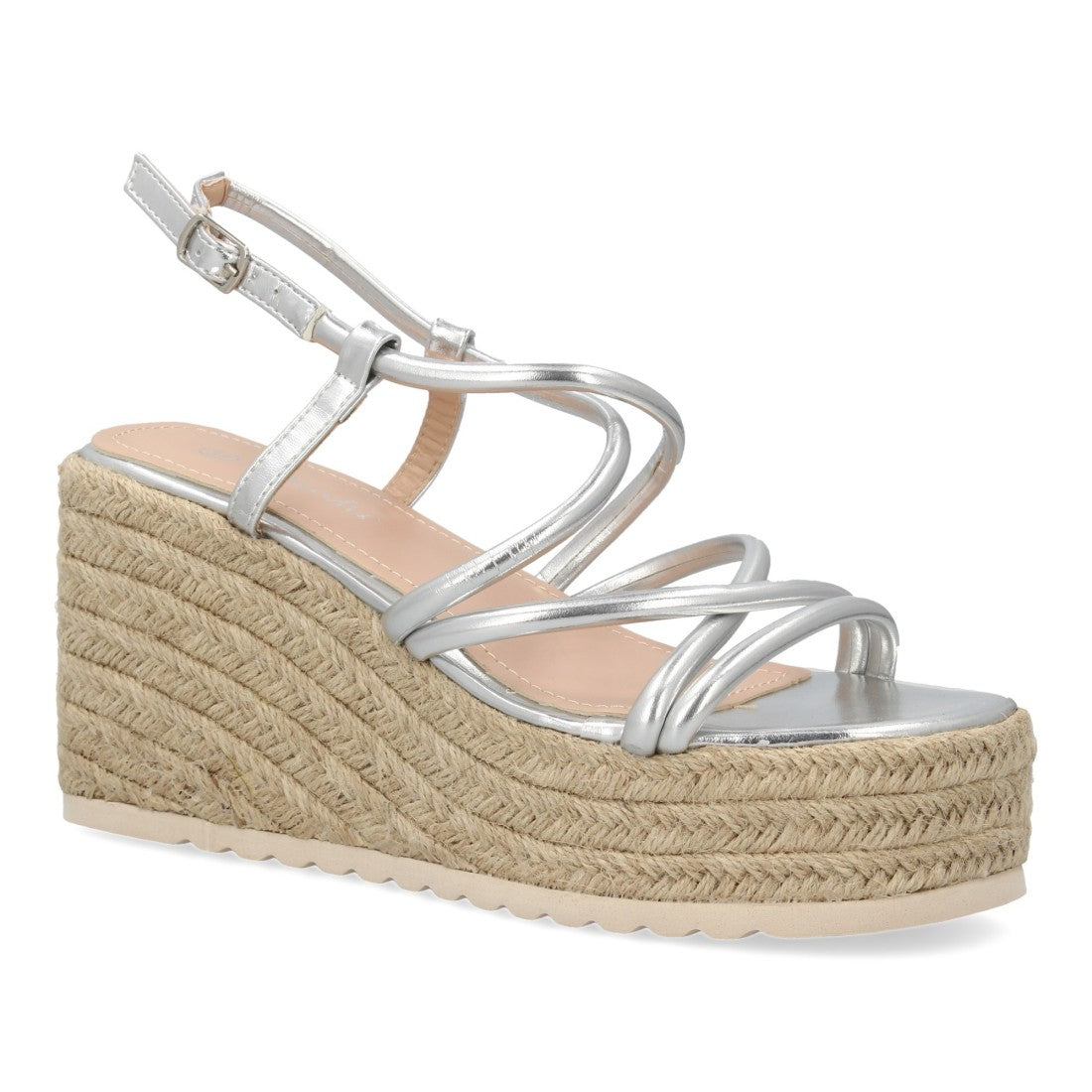 Sandalias Plateadas Mujer Cuña Yute Tiras Cruzadas Elegantes