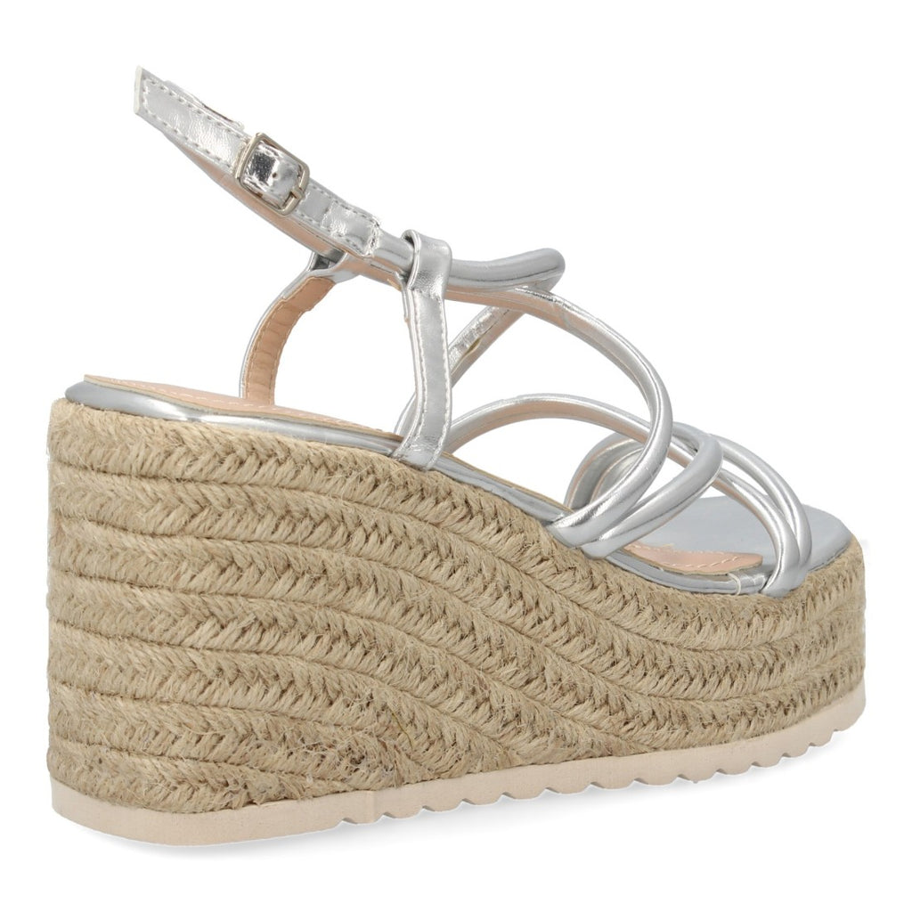 Sandalias Plateadas Mujer Cuña Yute Tiras Cruzadas Elegantes