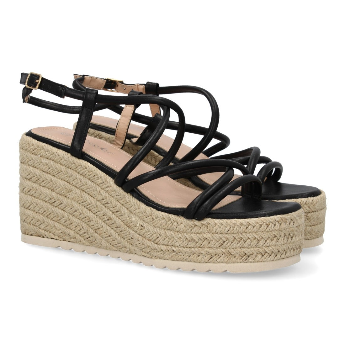 Sandalias Negras Mujer Cuña Yute Tiras Cruzadas Elegantes