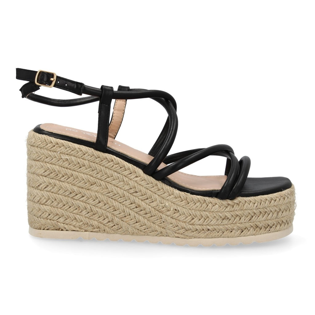 Sandalias Negras Mujer Cuña Yute Tiras Cruzadas Elegantes