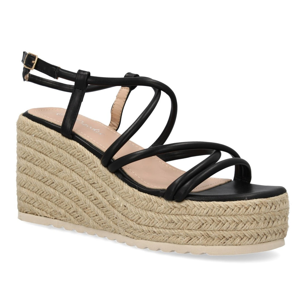 Sandalias Negras Mujer Cuña Yute Tiras Cruzadas Elegantes