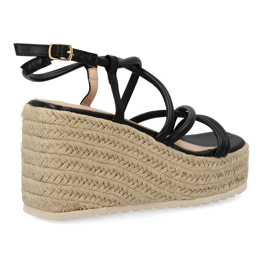 Sandalias Negras Mujer Cuña Yute Tiras Cruzadas Elegantes