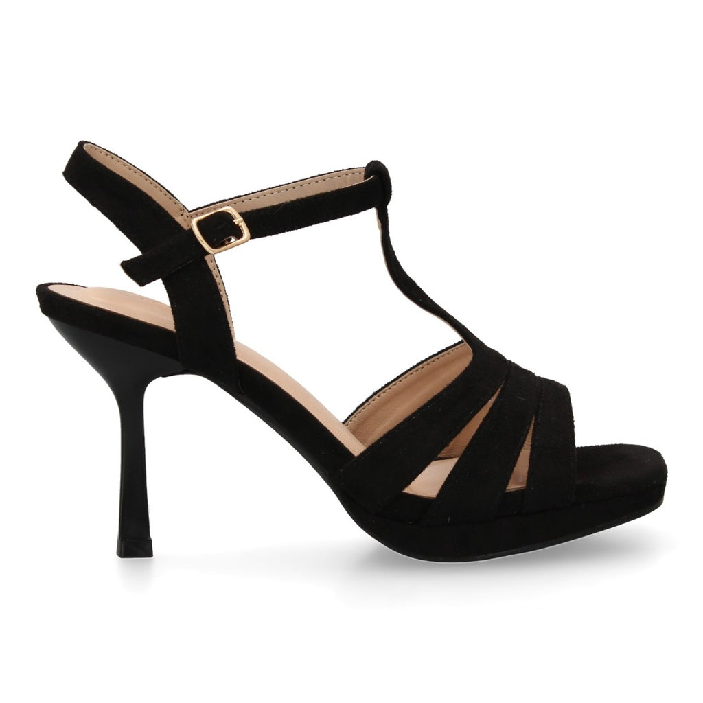 Sandalias Negras Mujer Tacón Tiras Cruzadas Pala Hebilla Elegantes Fiesta