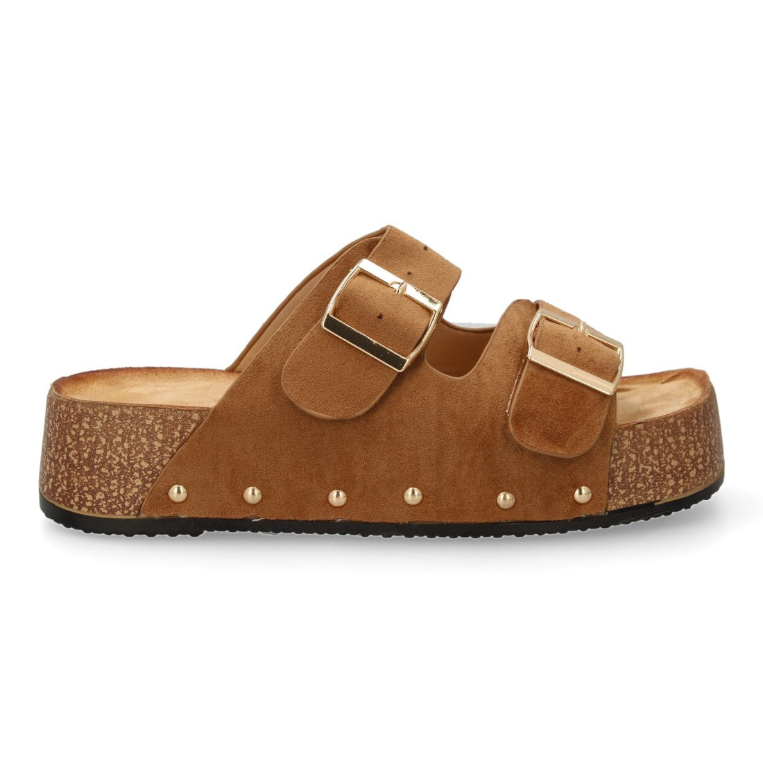 Sandalias Camel Mujer Plataforma Planta Anatómica Detalles Metálicos Hebilla Elegantes