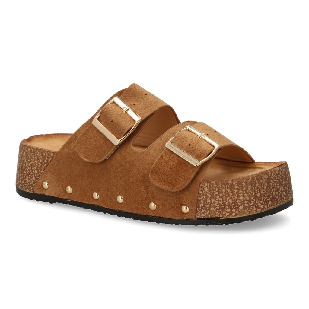 Sandalias Camel Mujer Plataforma Planta Anatómica Detalles Metálicos Hebilla Elegantes