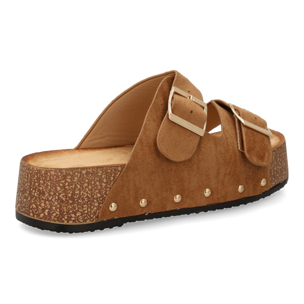 Sandalias Camel Mujer Plataforma Planta Anatómica Detalles Metálicos Hebilla Elegantes