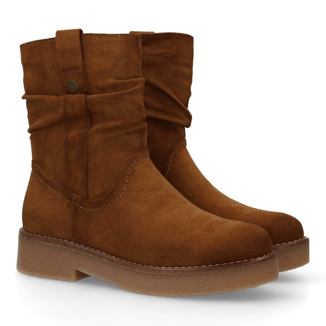 Botines Planos Camel con Caña Arrugada y Pespuntes