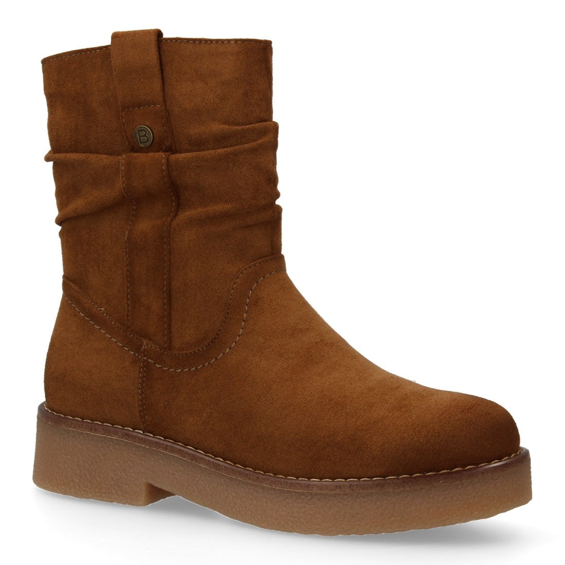 Botines Planos Camel con Caña Arrugada y Pespuntes