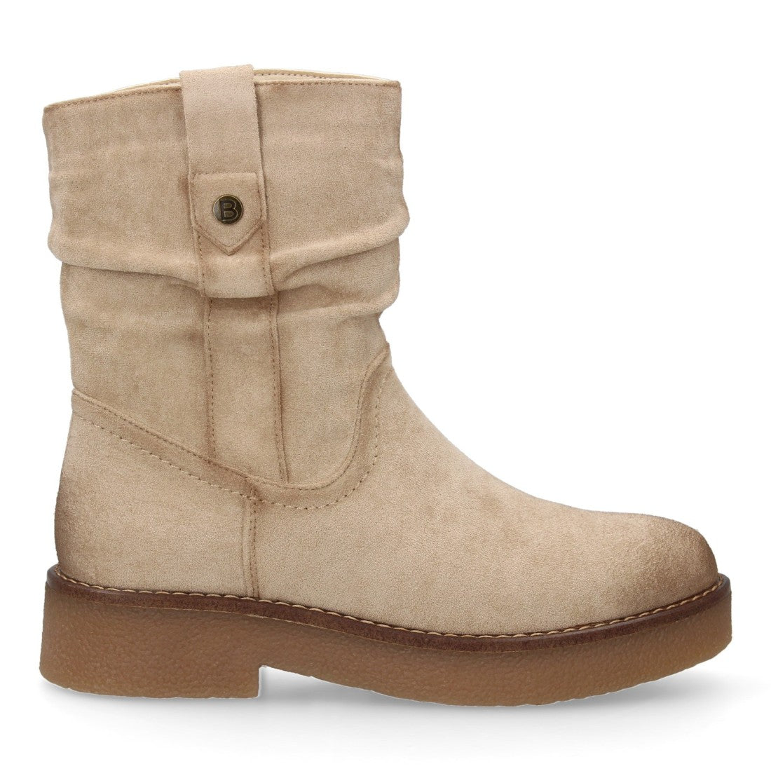 Botines Planos Beige con Caña Arrugada y Pespuntes