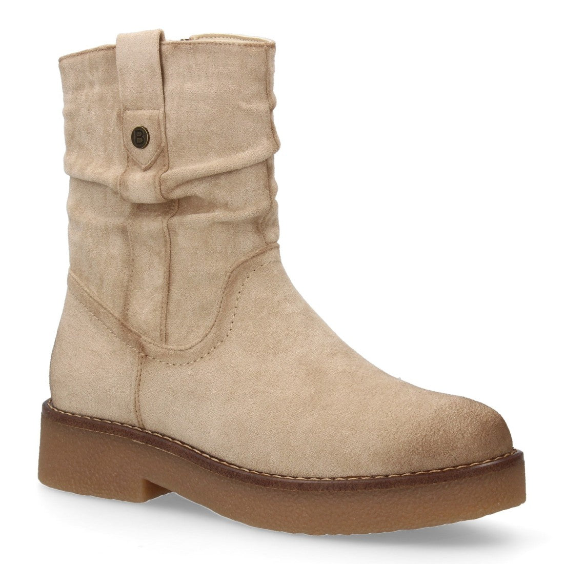 Botines Planos Beige con Caña Arrugada y Pespuntes
