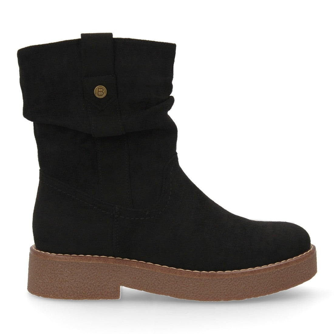 Botines Planos Negro con Caña Arrugada y Pespuntes