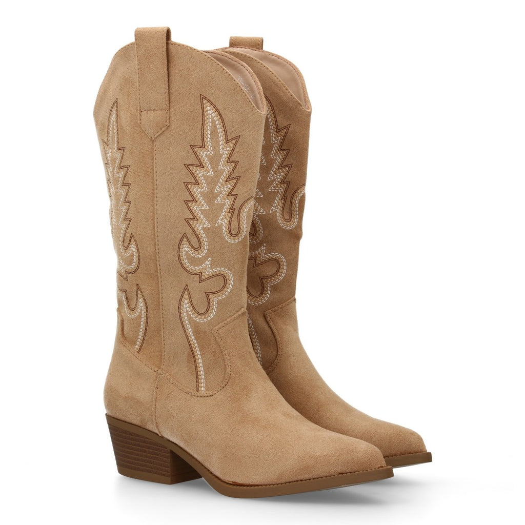 Botas Cowboy con Bordado y Tacón Bajo - Beige