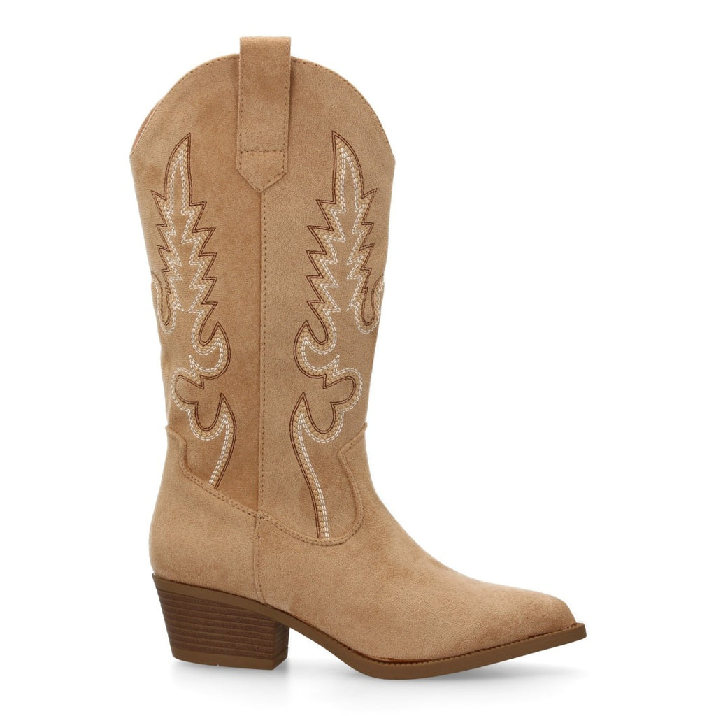 Botas Cowboy con Bordado y Tacón Bajo - Beige