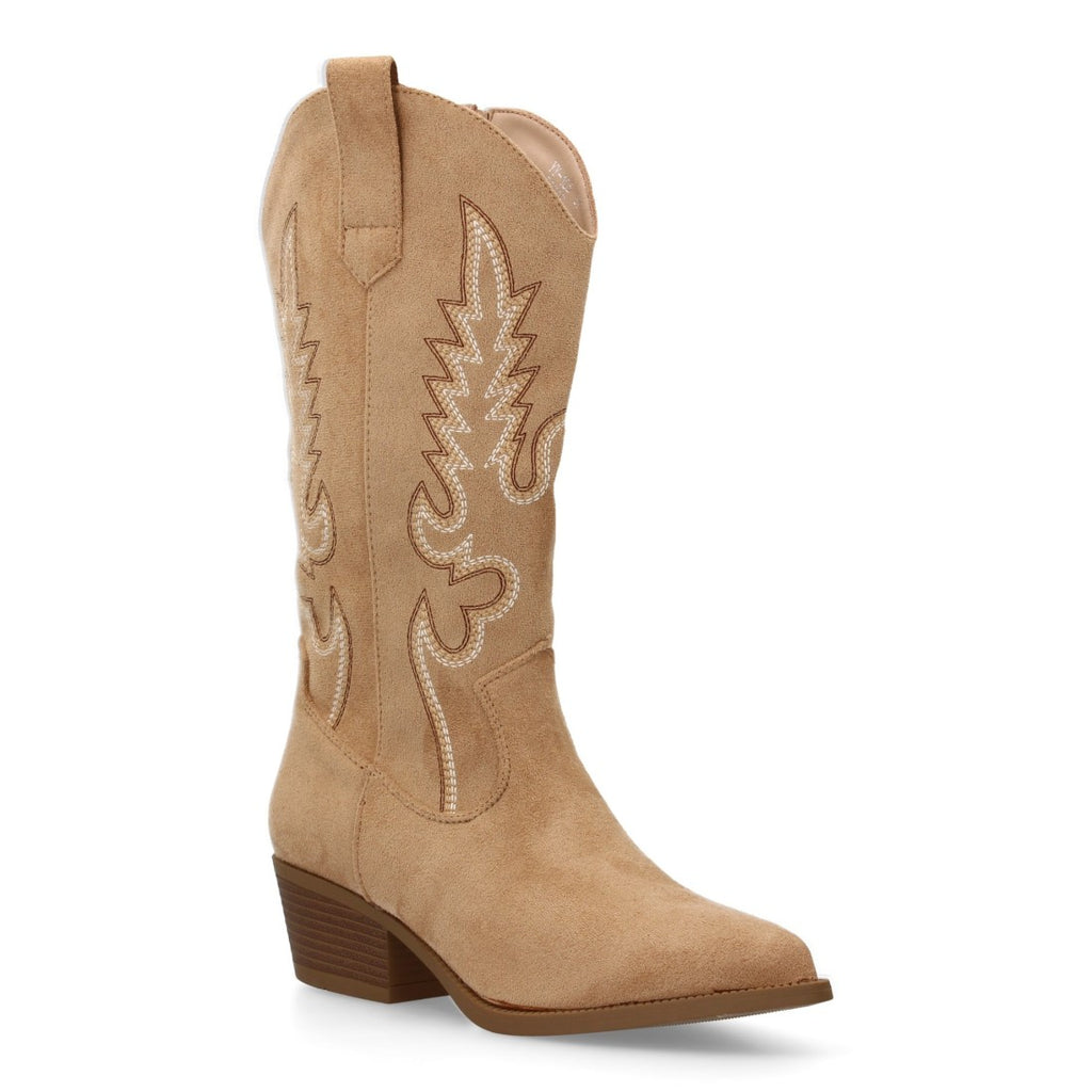 Botas Cowboy con Bordado y Tacón Bajo - Beige