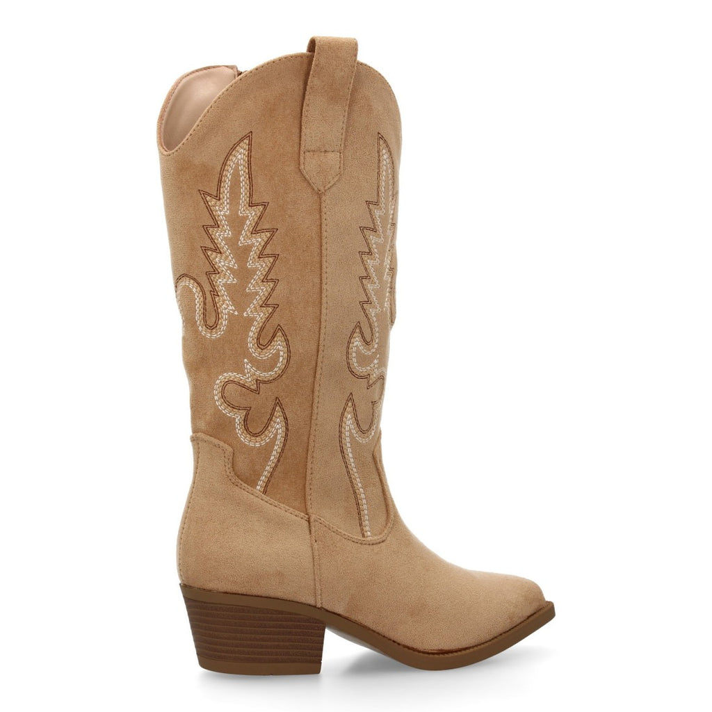 Botas Cowboy con Bordado y Tacón Bajo - Beige
