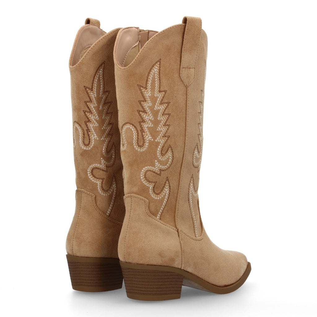 Botas Cowboy con Bordado y Tacón Bajo - Beige