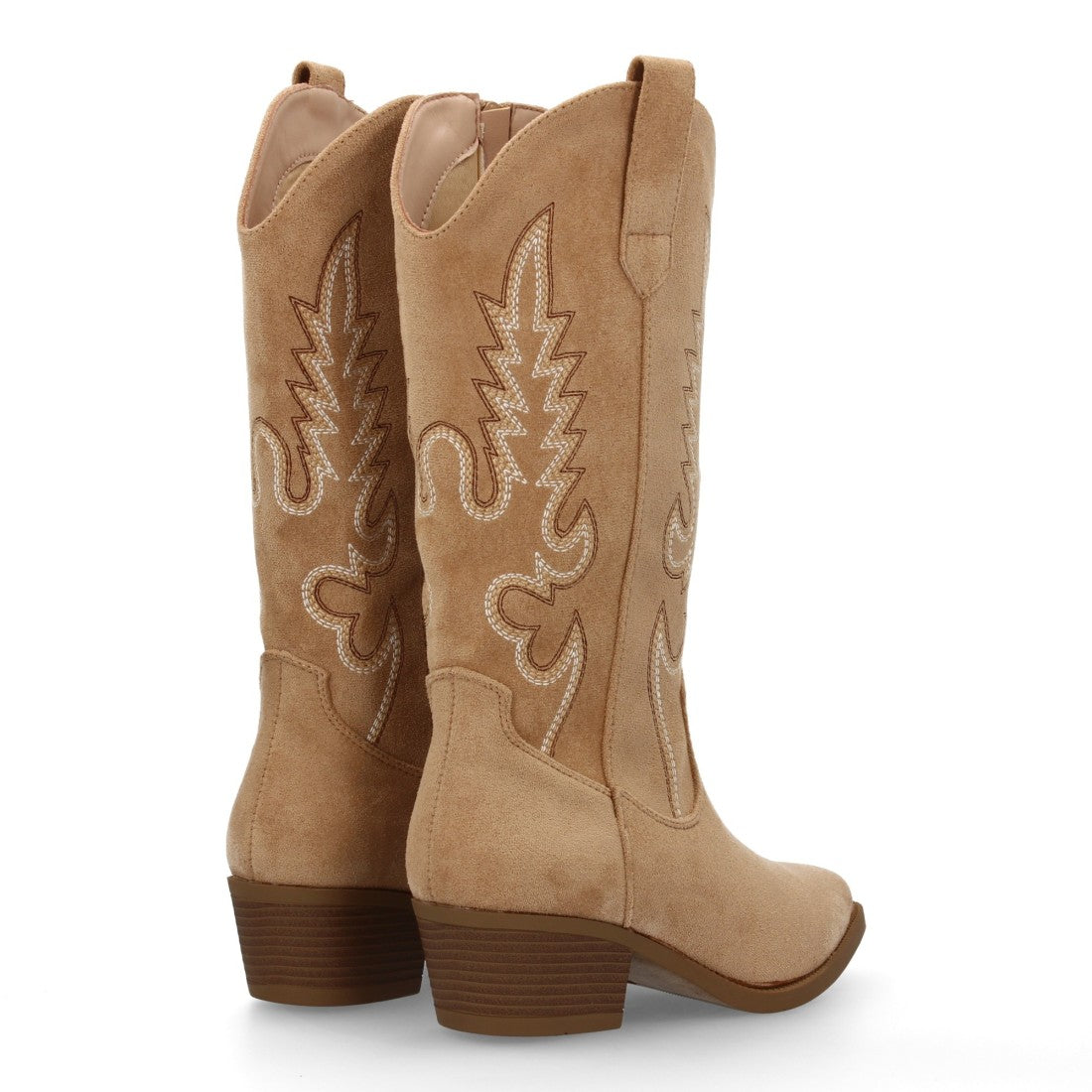 Botas Cowboy con Bordado y Tacón Bajo - Beige