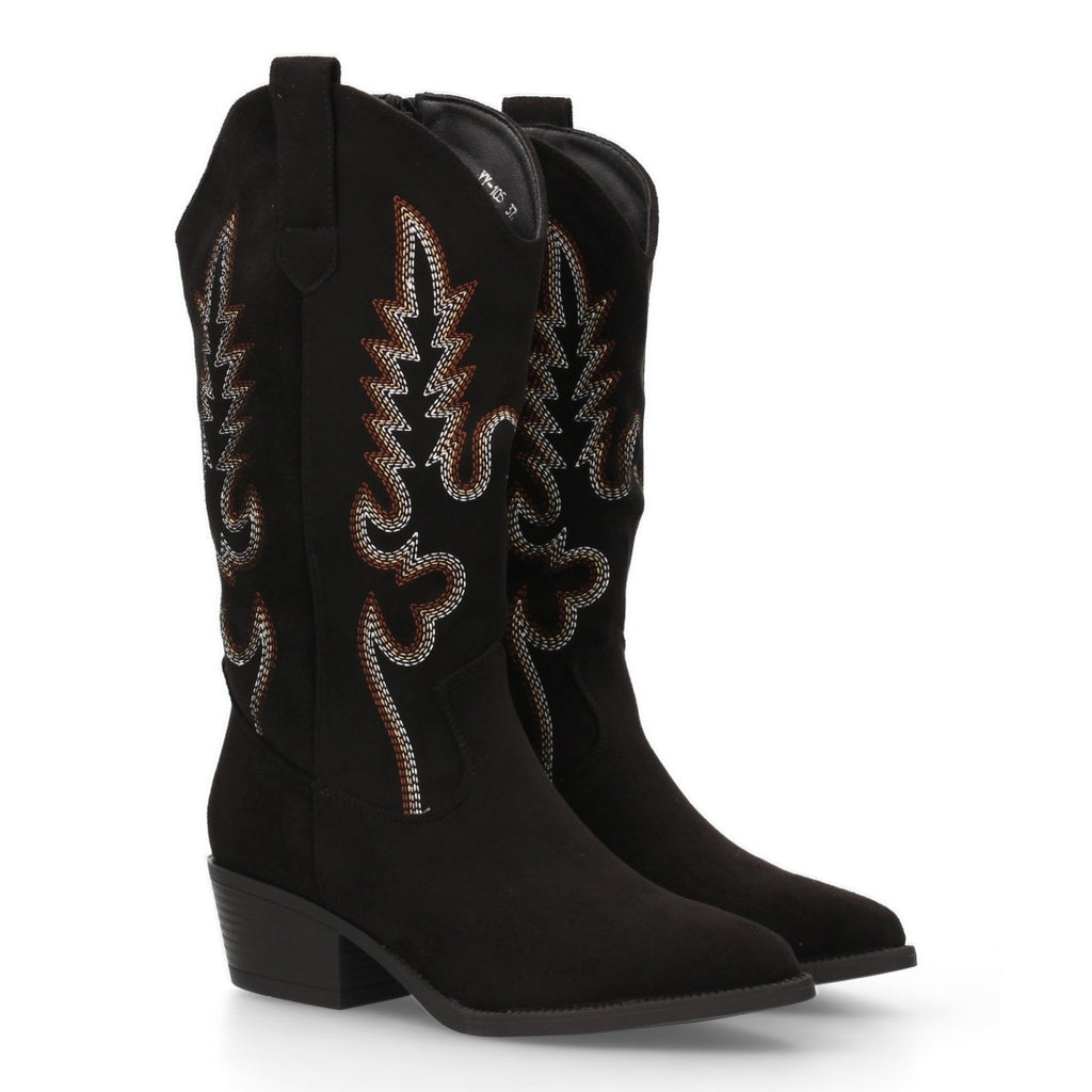 Botas Cowboy con Bordado y Tacón Bajo - Negro