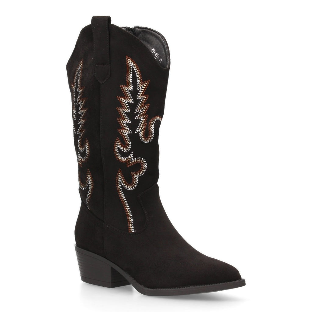 Botas Cowboy con Bordado y Tacón Bajo - Negro