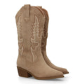 Botas Cowboy con Bordado y Tacón Bajo - Kaki