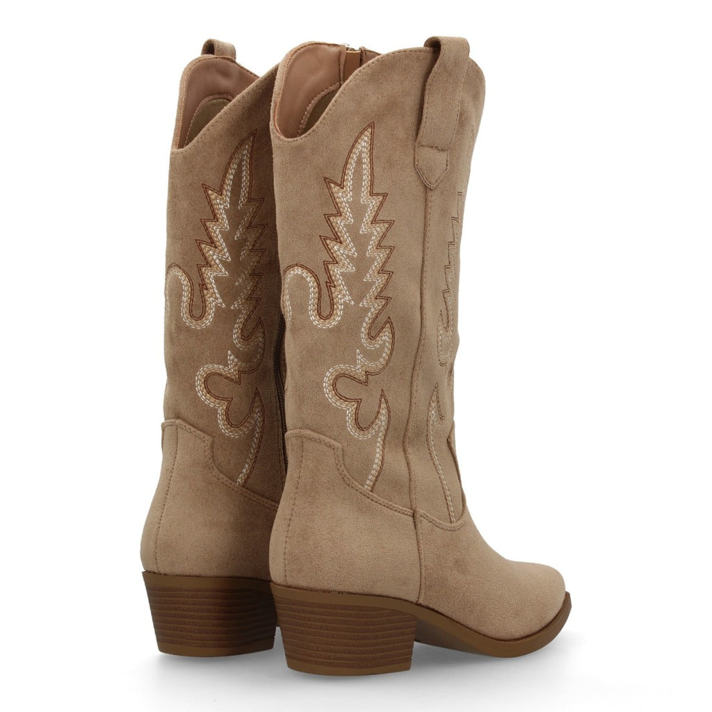 Botas Cowboy con Bordado y Tacón Bajo - Kaki