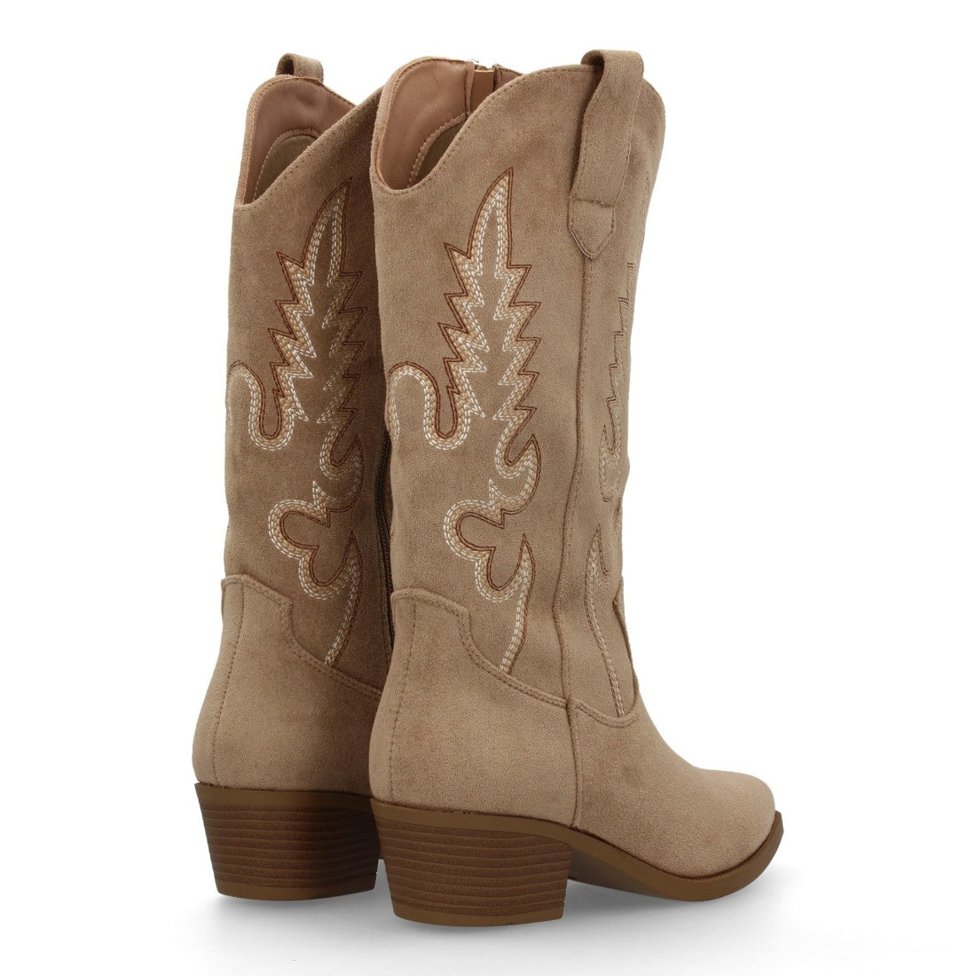 Botas Cowboy con Bordado y Tacón Bajo - Kaki