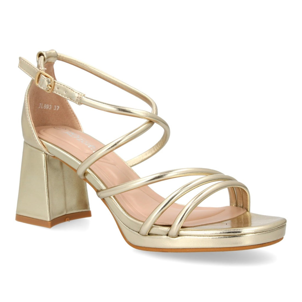 Sandalias Doradas Tacón Plataforma Tiras Finas Talón Cerrado Fiesta