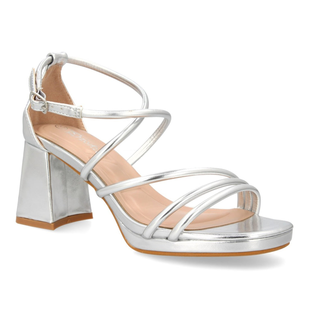 Sandalias Plateadas Mujer Tacón Plataforma Tiras Finas Talón Cerrado Fiesta