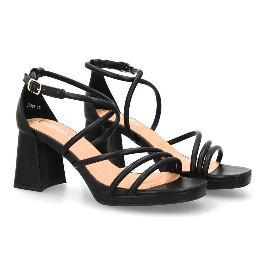 Sandalias Negras Mujer Tacón Plataforma Tiras Finas Talón Cerrado Fiesta