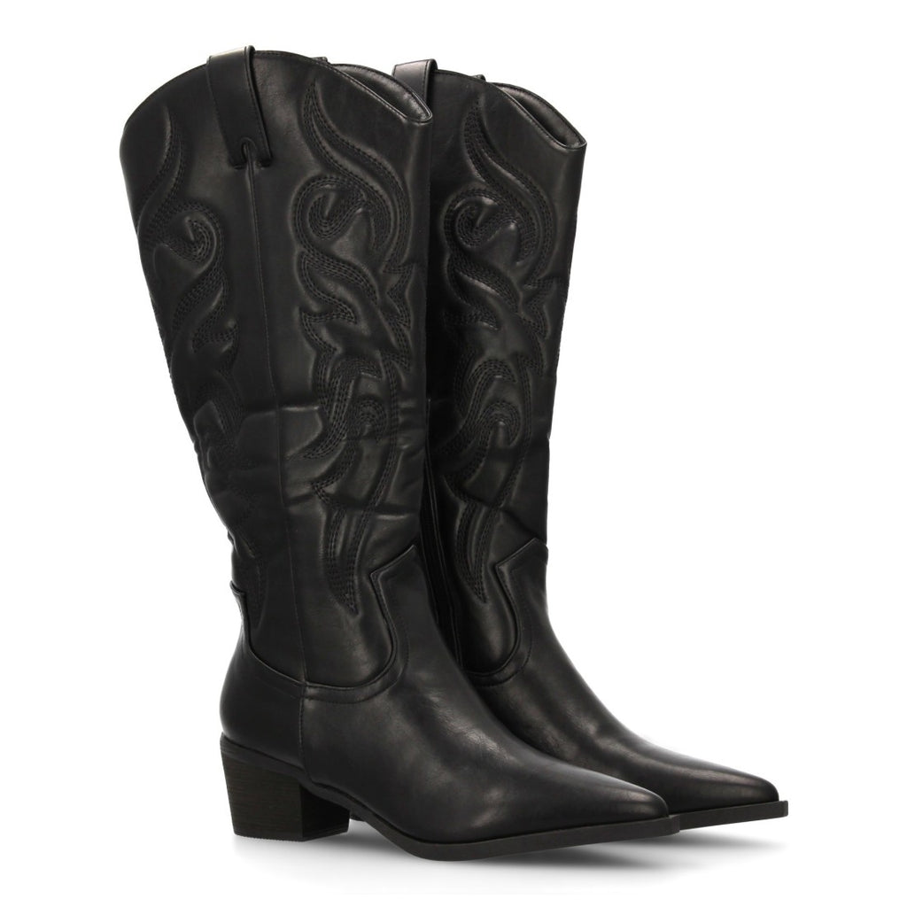 Botas Cowboy con Caña Alta, Bordado y Punta Fina - Negro