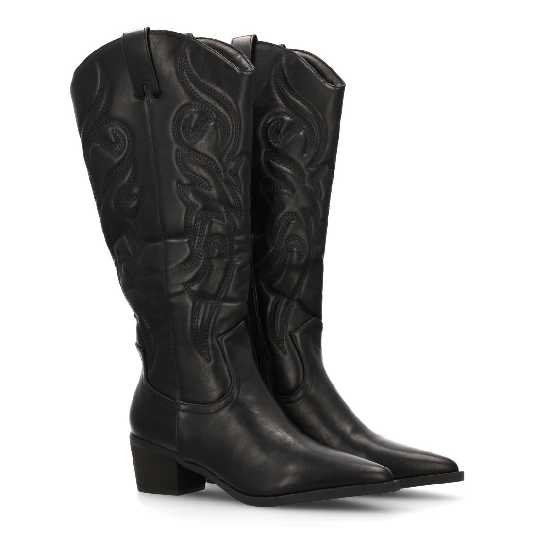 Botas Cowboy con Caña Alta, Bordado y Punta Fina - Negro