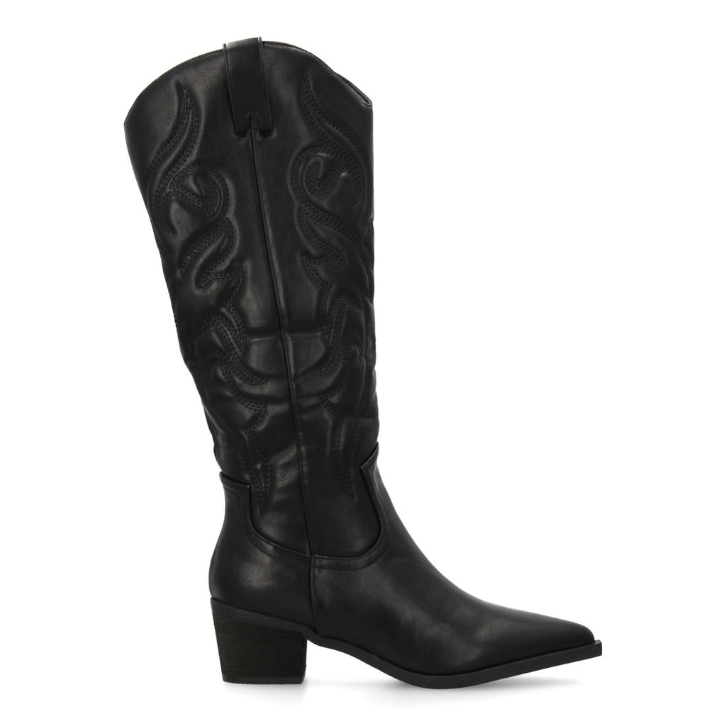 Botas Cowboy con Caña Alta, Bordado y Punta Fina - Negro