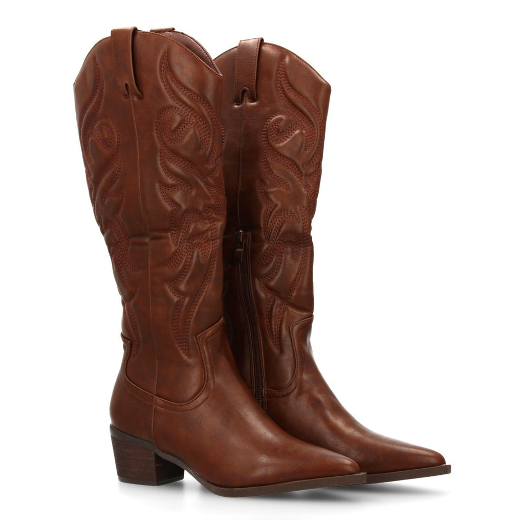 Botas Cowboy con Caña Alta, Bordado y Punta Fina - Marrón