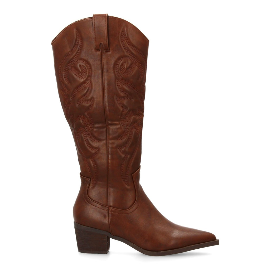 Botas Cowboy con Caña Alta, Bordado y Punta Fina - Marrón