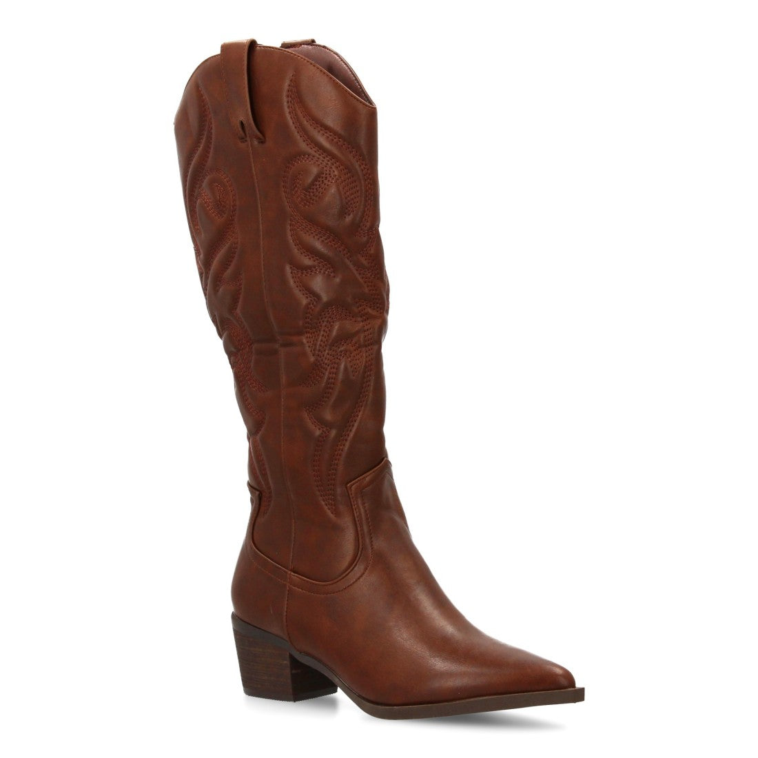 Botas Cowboy con Caña Alta, Bordado y Punta Fina - Marrón