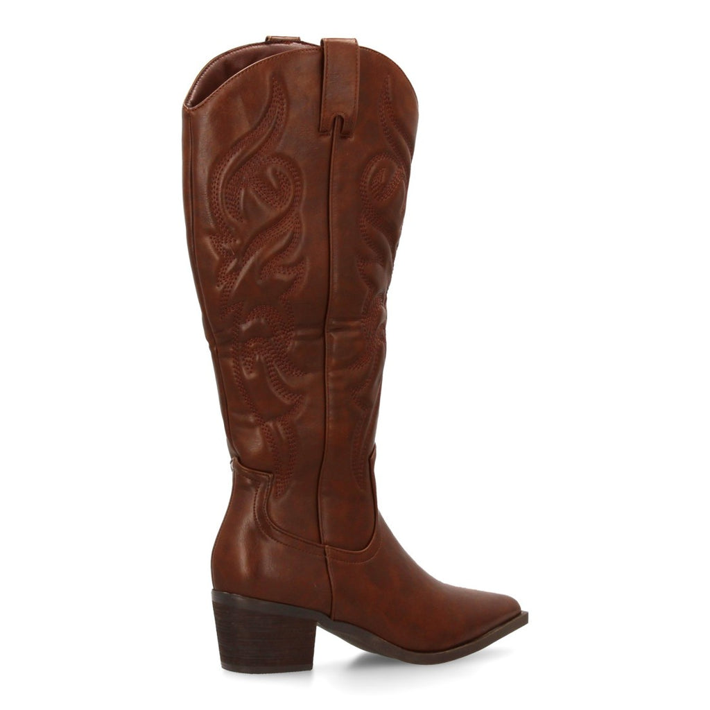 Botas Cowboy con Caña Alta, Bordado y Punta Fina - Marrón
