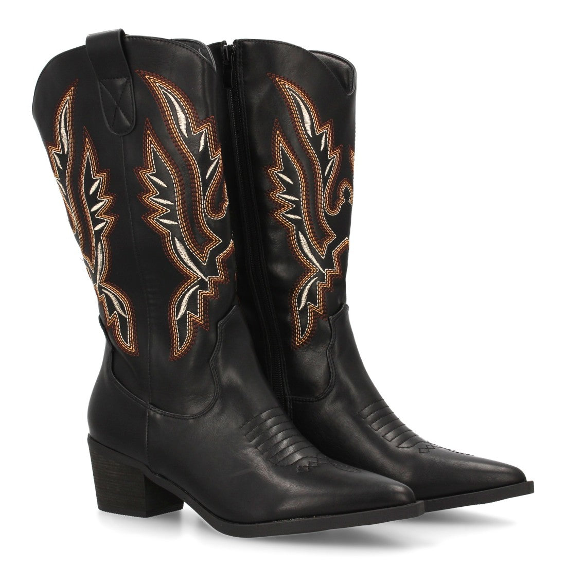 Botas Cowboy con Caña Alta y Bordado Multicolor - Negro